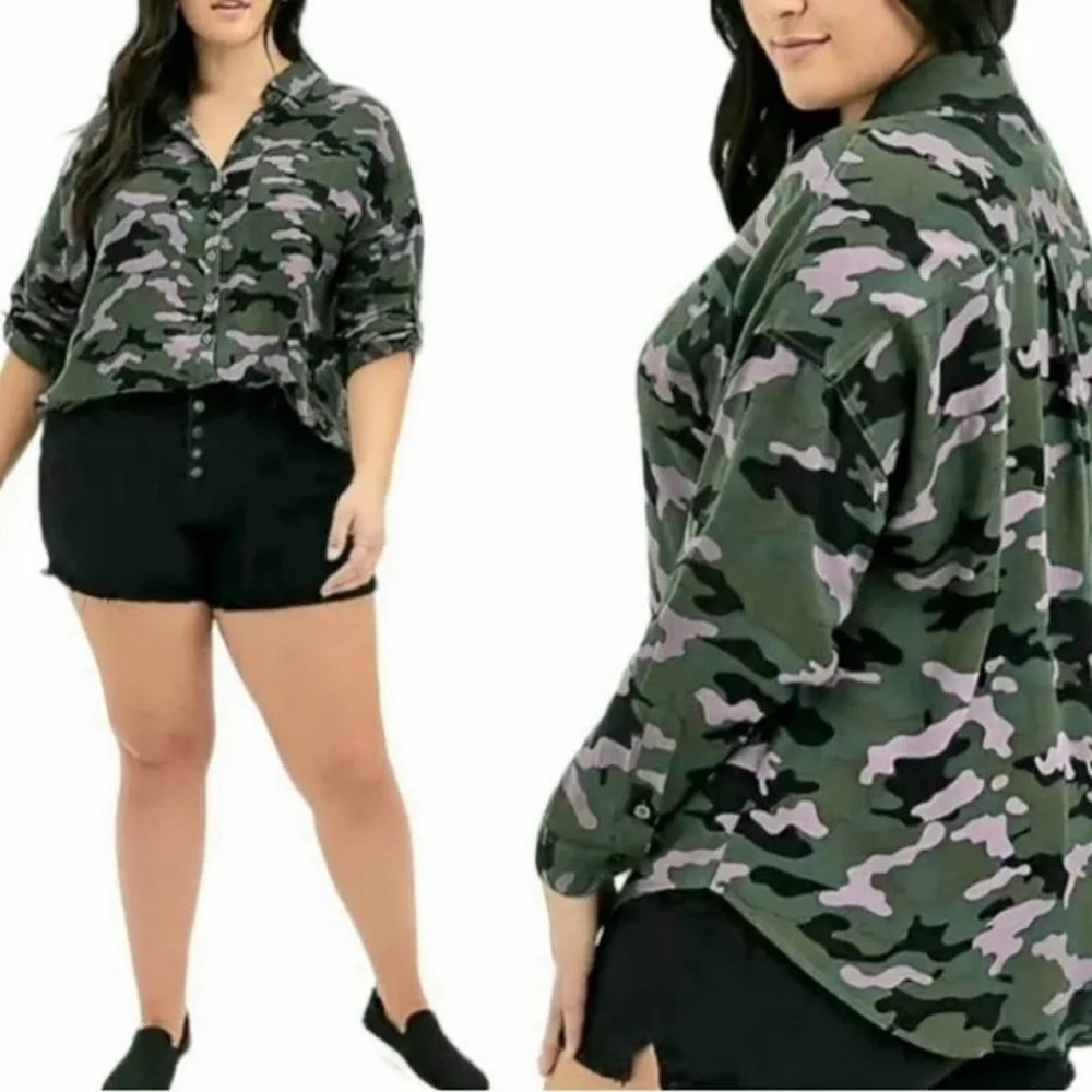 Plus Size Green Camo Button-Up Shirt - Unbranded
